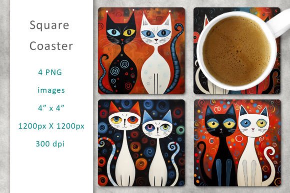 Vibrant Feline Art: Cats Color Square Coaster Sublimation Designs